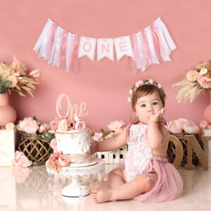 Pink Bow One High Chair Banner - One High Chair Bow Banner,Pink Bow Birthday Decoration,Pink Ribbon Girl 1st Birthday