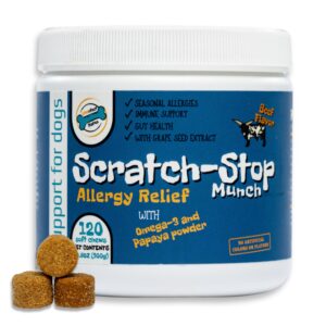 scratch-stop 120 scratching relief chews for dogs with itchy skin and allergies, essential dog allergy relief and vitamins supplement for immune support, omega-3, and gut health, seasonal allergies