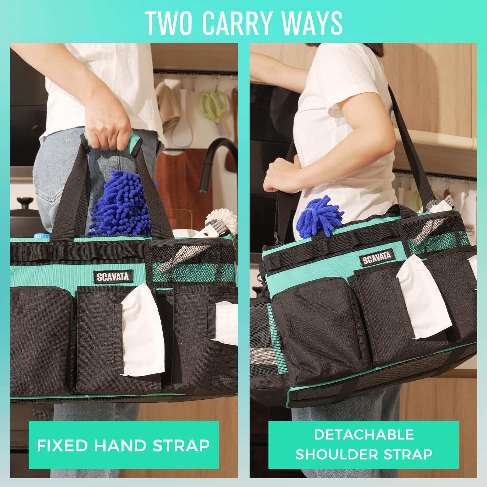 SCAVATA Wearable Cleaning Caddy Bag, Cleaning Caddy Supplies Organizer with Handle & Shoulder Straps for Housekeepers, Under Sink & Car Cleaning Tool Organizers with 4 Foldable Divider (Lake Blue)