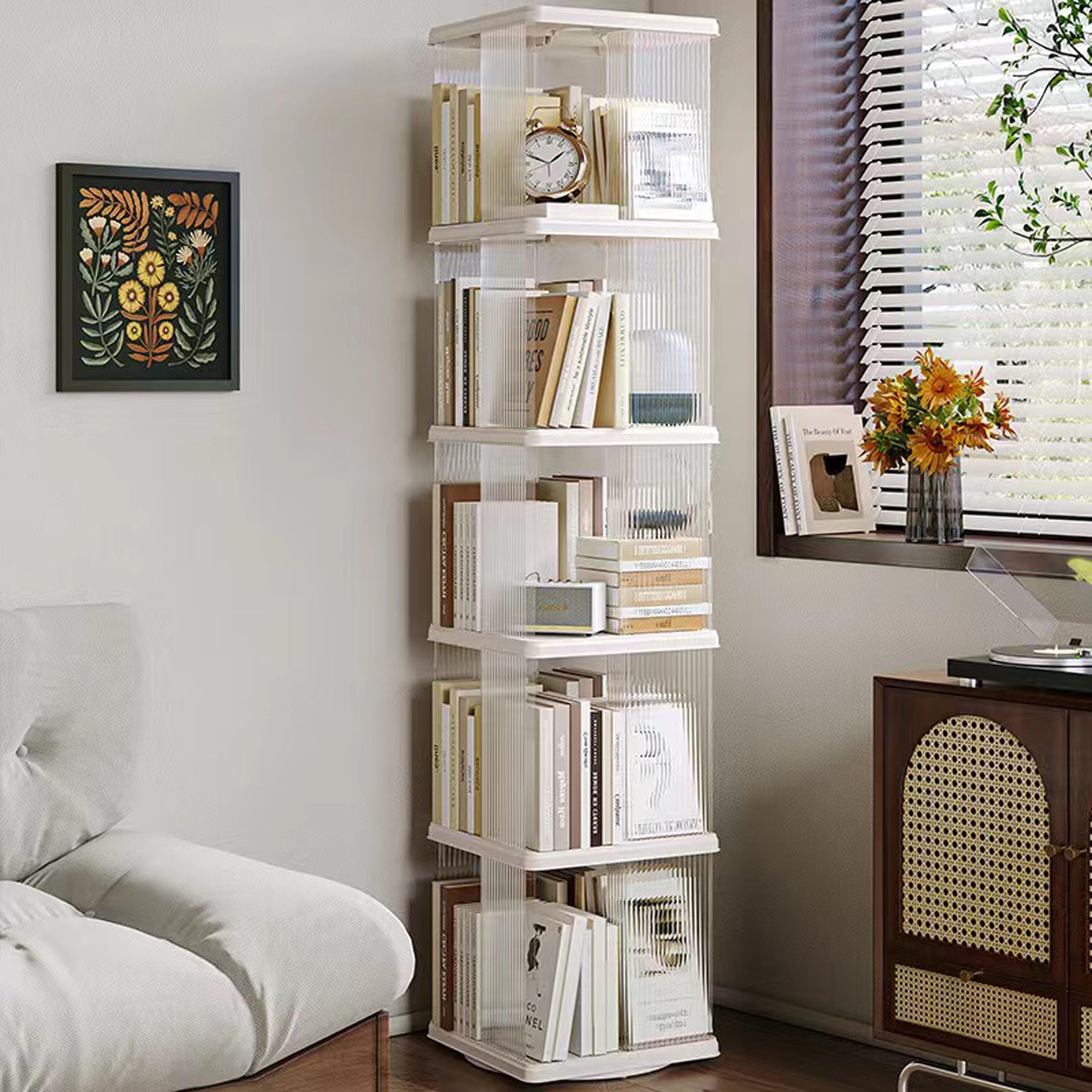 ZXFWRJDJ Rotating Bookshelf Tower, 360 Display Spinning Bookshelf,Small Corner Bookshelf for Small Space,Suitable for Bedrooms, Living Looms, Offices, and Study Rooms (White，5 Tier, 14x14x66