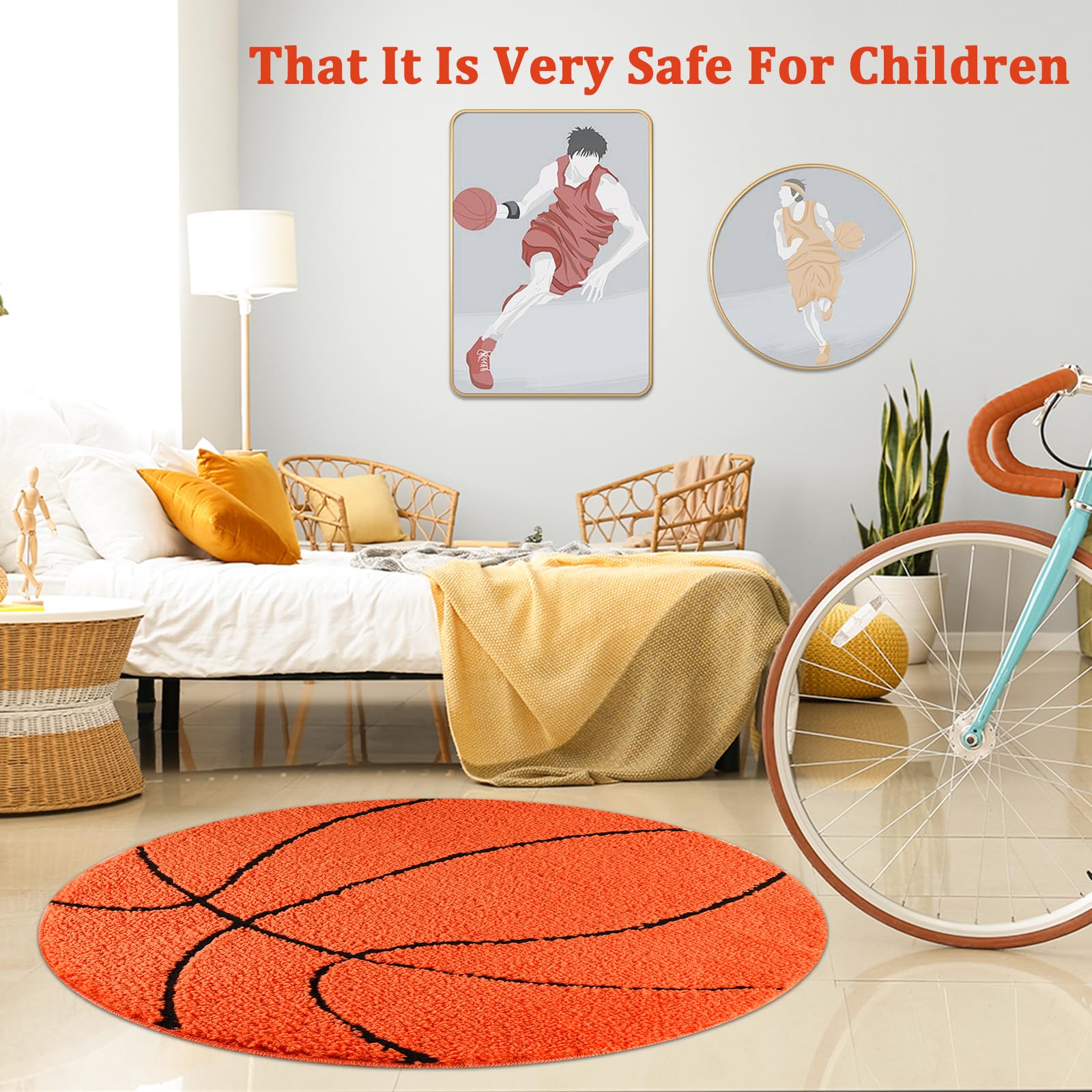 MSYA Basketball Rug, Soft and Fluffy Basketball Rug for Boys Bedroom Microfabric Round Bathroom Rug, Round Area Rug for Living Bathroom Rugs Soccer Decor for Boys Room 31.5 inches (Orange)