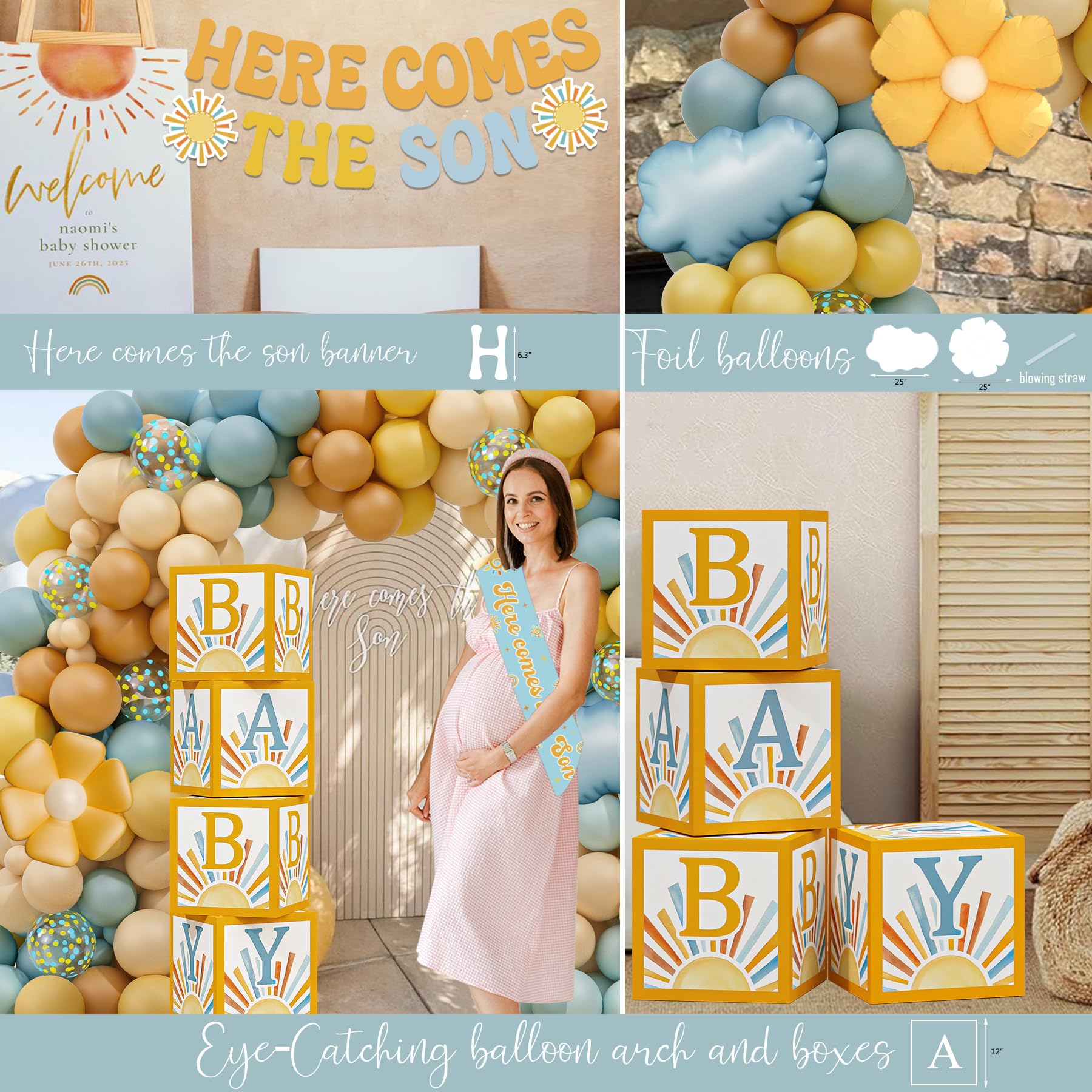 Here Comes the Son Baby Shower Decorations for Boy, Sun Theme Baby Shower Decoration, Boho Sun Baby Shower Party Supplies, It's A Boy Gender Reveal Décor, Retro Sun You Are My Sunshine Baby Shower