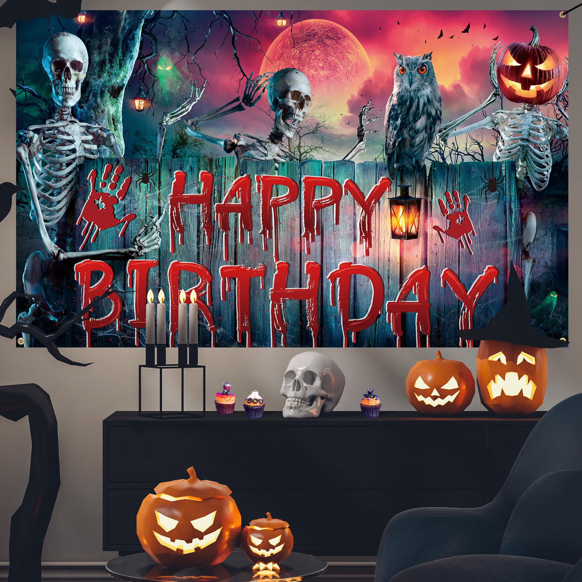 Roetyce Halloween Birthday Party Decorations, Skull Halloween Birthday Banner Outdoor Indoor 6x4ft, Scary Birthday Backdrop for Kids, Halloween Birthday Party Supplies, Happy Birthday Photo Background