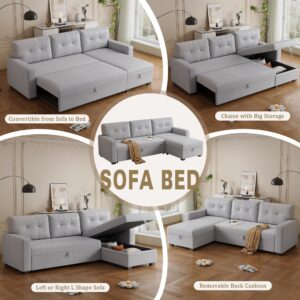 Acosure 82" Sectional Sleeper Sofa with Storage Chaise & Pull-Out Bed,L-Shape Convertible 3 Seater Couch W/Tufted Backrest,Reversible Sleeper for Living Room Apartment Office,Light Gray