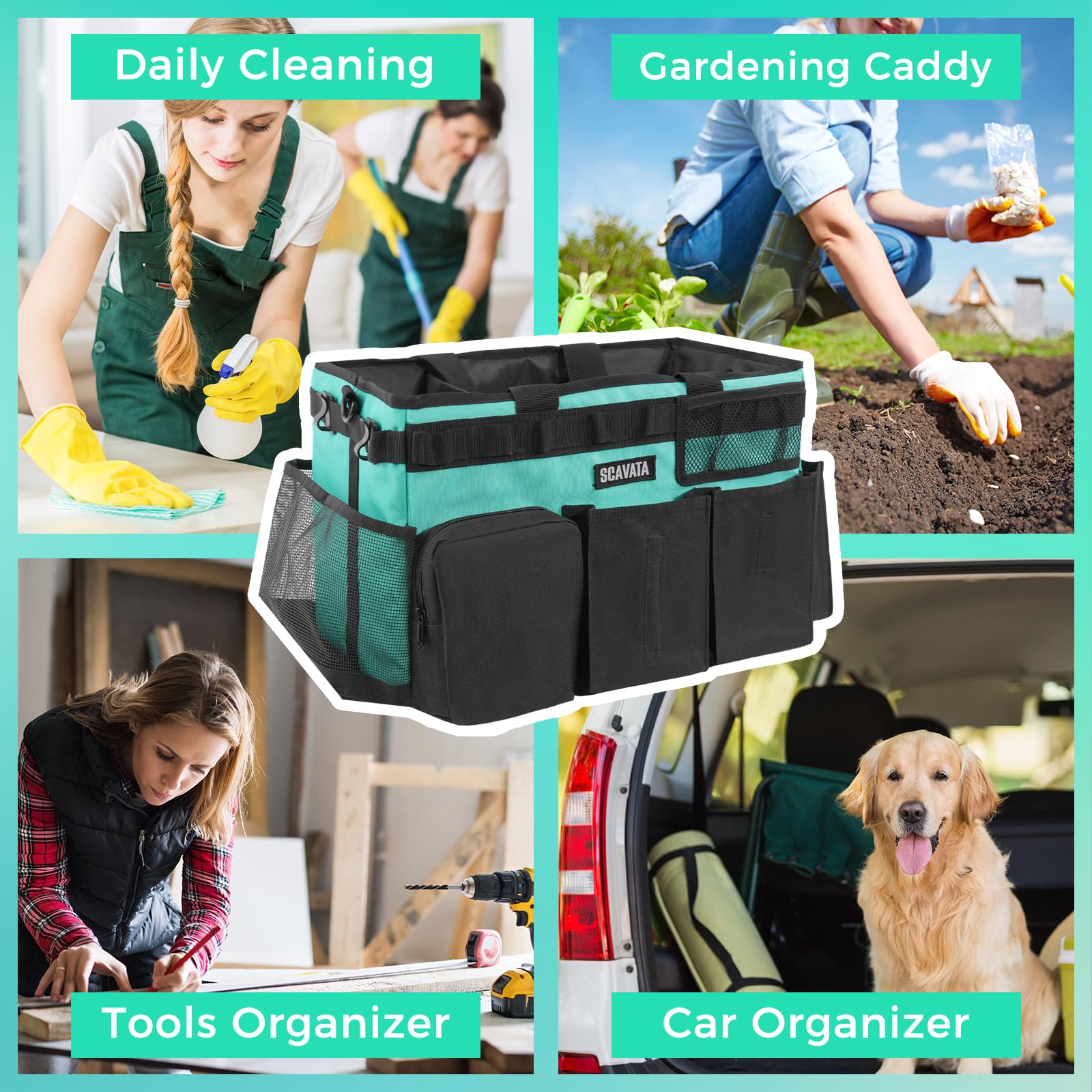 SCAVATA Wearable Cleaning Caddy Bag, Cleaning Caddy Supplies Organizer with Handle & Shoulder Straps for Housekeepers, Under Sink & Car Cleaning Tool Organizers with 4 Foldable Divider (Lake Blue)