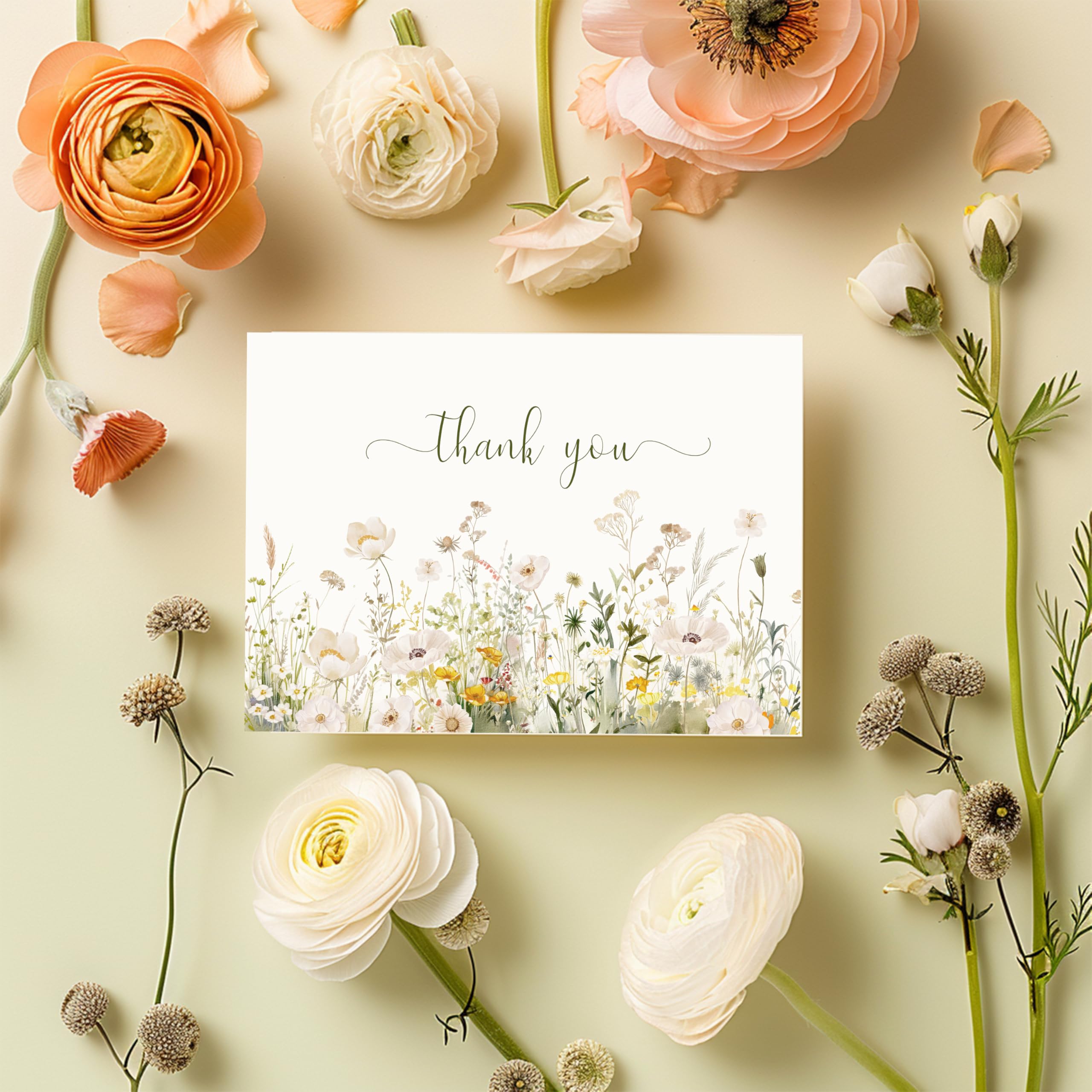 Floral Thank You Cards With Envelopes,20Pack - 4x6 Thank You Cards Set,Perfect Thank You Cards Bulk For All Occasions,incl. Baby Shower, Wedding, Birthday Party, Greeting (Olive green wildflowers)