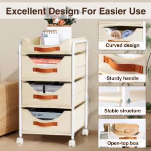 DIMJ Clothes Drawer 4 Tier - Fabric Closet Drawer System Easy Pull, Portable Closet Drawers for Clothes with Wheels, Small Closet Organizer & Replacement Drawers for Bedrooms, Office, Nursery, Beige