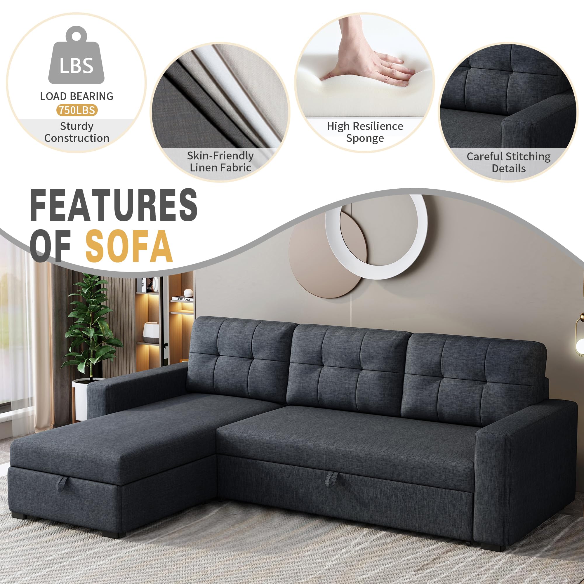 Acosure 81.5" Sectional Sofa with Storage Chaise & Pull-Out Bed,L-Shape Convertible Corner Couch W/ 3 Back Cushions,Upholstered Sleeper for Apartment Dorm Living Room,Dark Gray