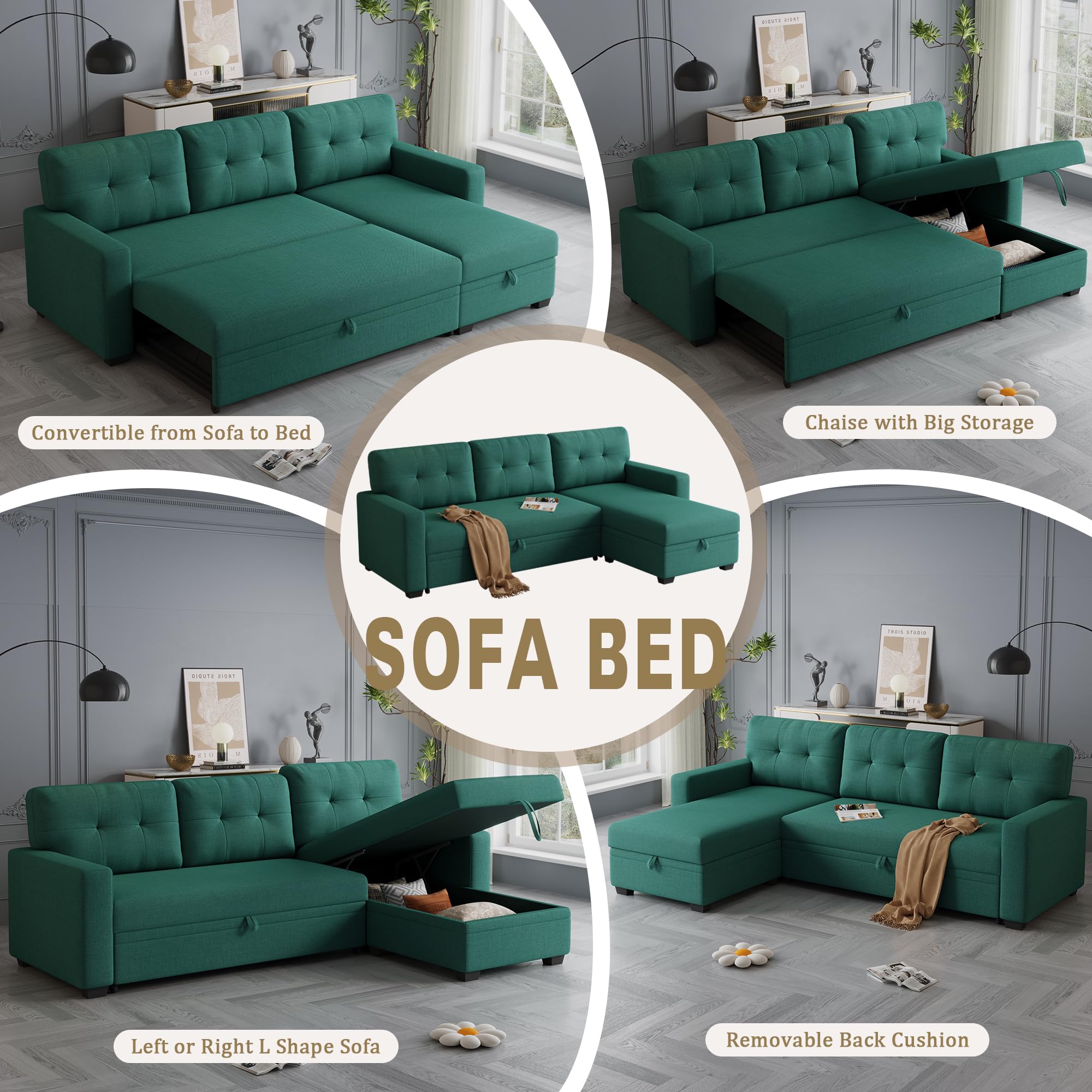 Acosure 82" Sectional Sleeper Sofa with Storage Chaise & Pull-Out Bed,L-Shape Convertible 3 Seater Couch W/Tufted Backrest,Reversible Sleeper for Living Room Apartment Office,Green