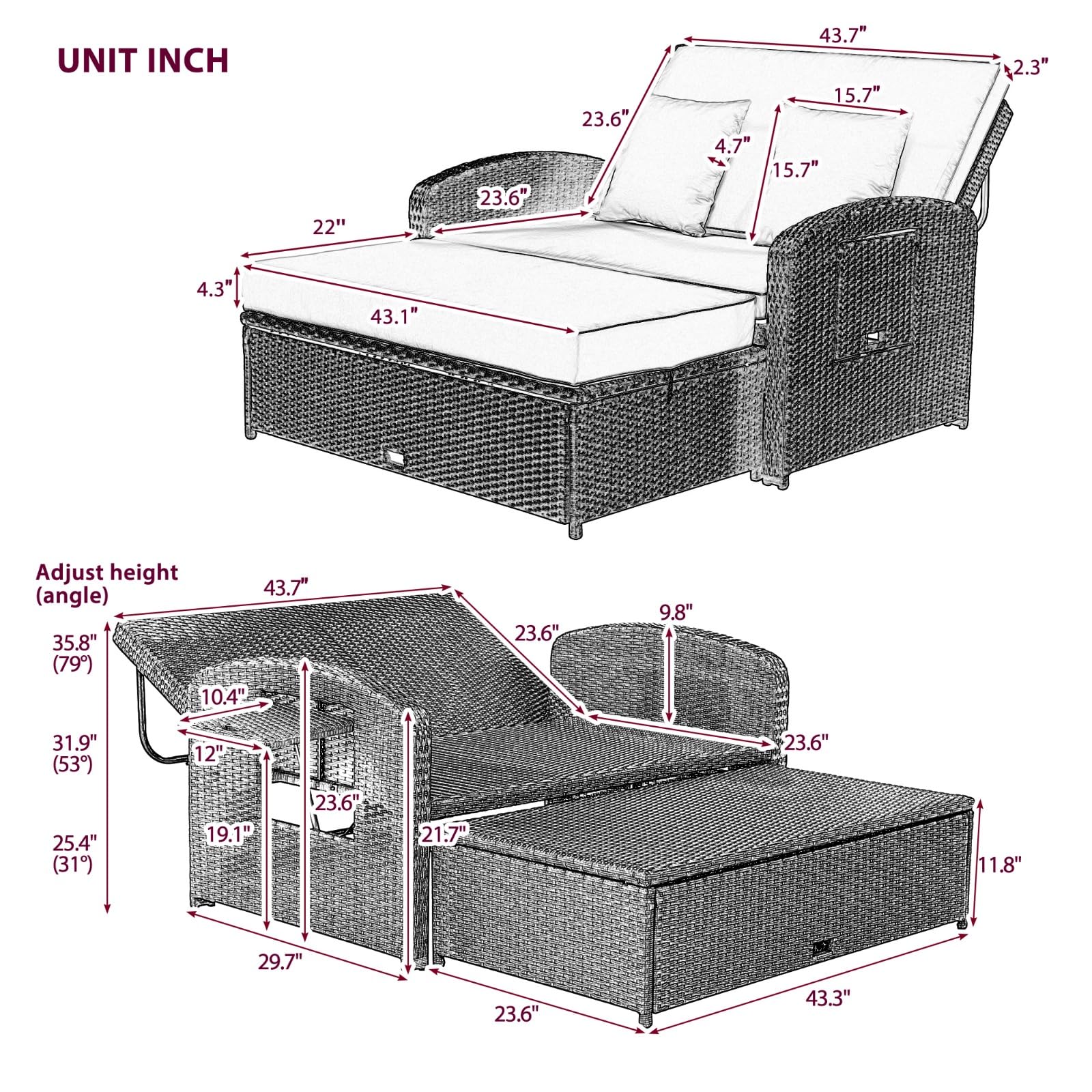 Thirtdos PE Wicker Rattan Double Chaise Lounge, 2-Person Reclining Daybed with Adjustable Back and Cushions, with Furniture Protection Cover (Gray)