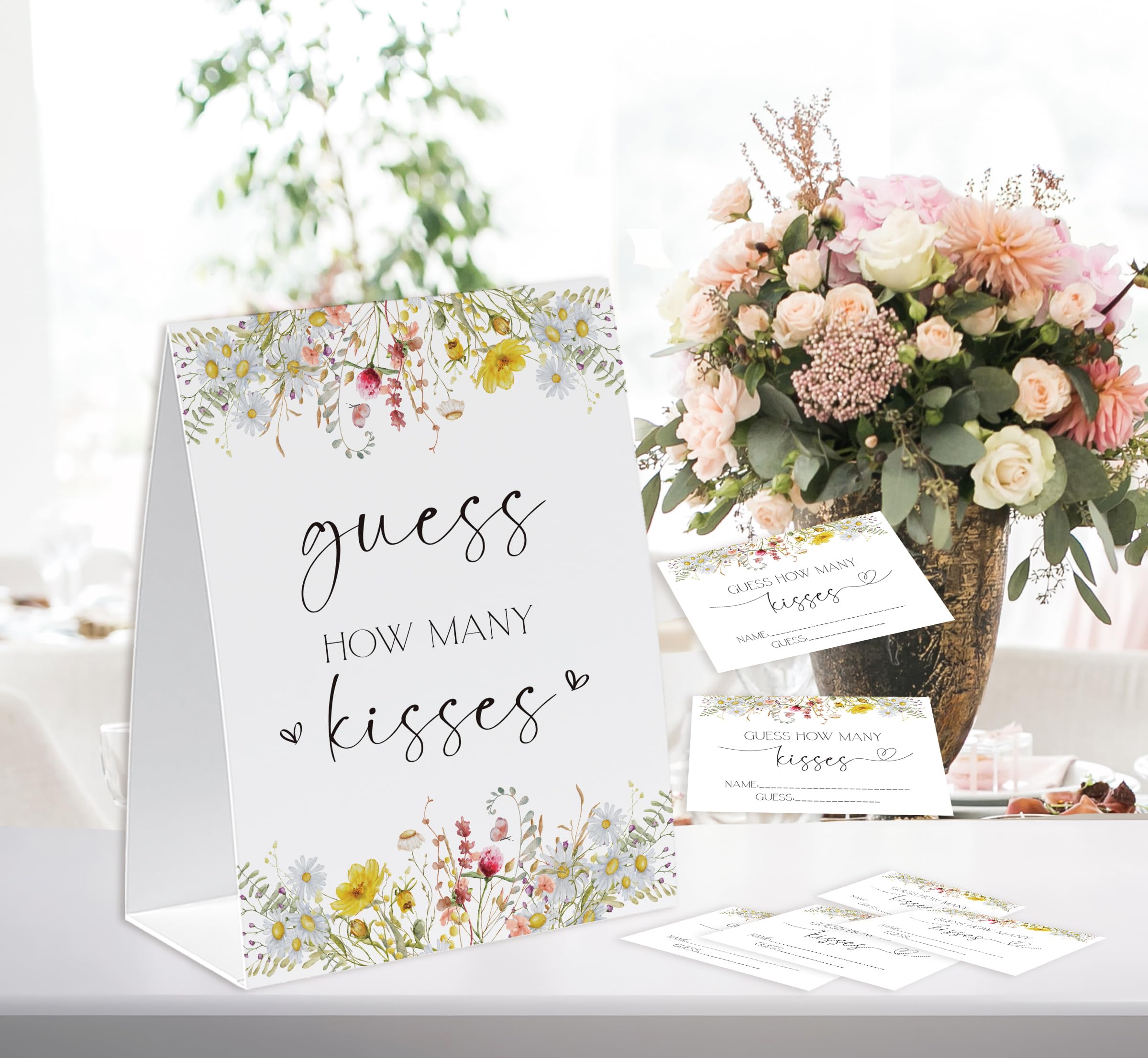 How Many Kisses Bridal Shower Game, Guess How Many Game (1 Standing Sign + 50 Guess Cards), Wildflowers Guessing Cards, Guess How Many Baby Shower Game-GK04