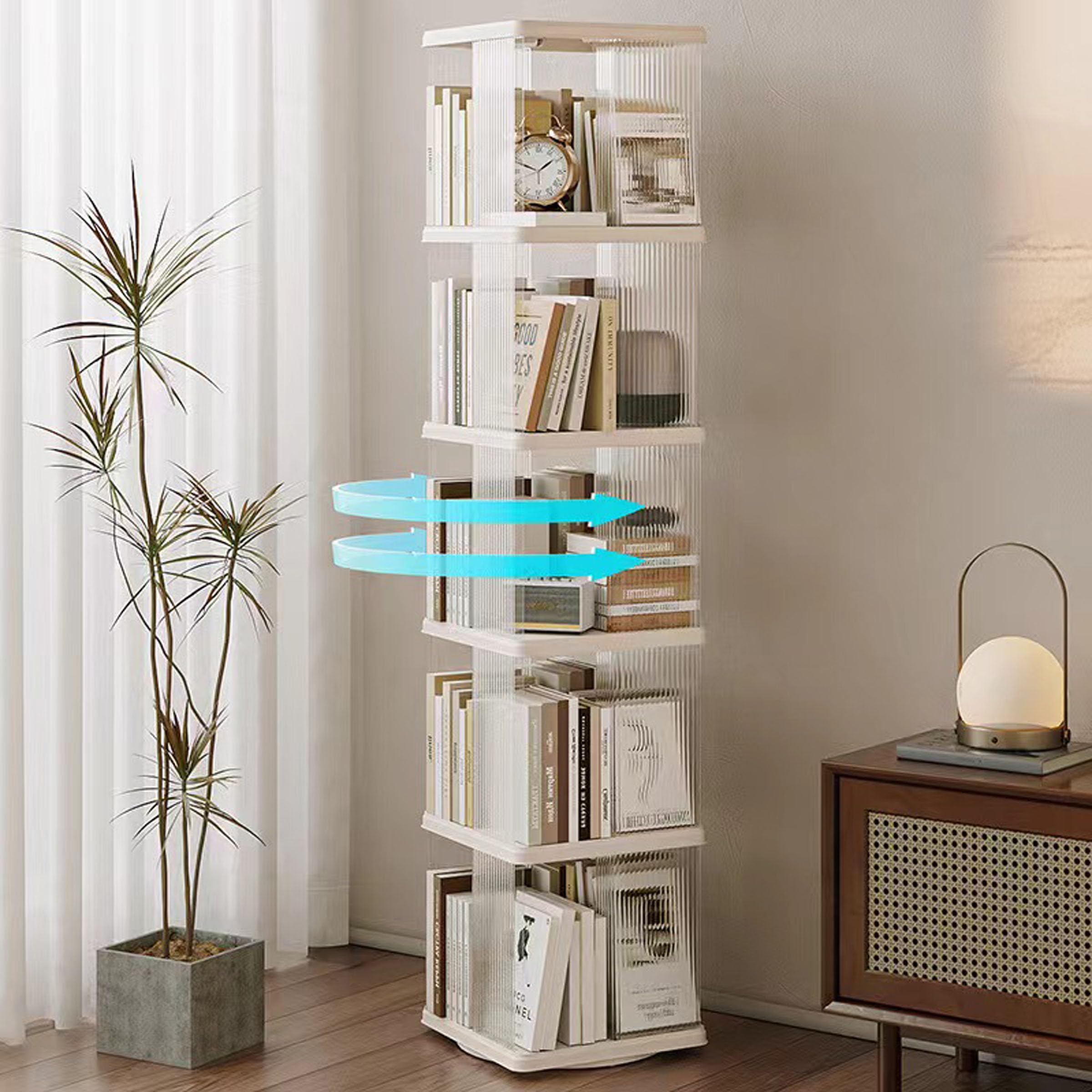 ZXFWRJDJ Rotating Bookshelf Tower, 360 Display Spinning Bookshelf,Small Corner Bookshelf for Small Space,Suitable for Bedrooms, Living Looms, Offices, and Study Rooms (White，5 Tier, 14x14x66