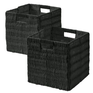 ornavo home wicker storage cubes bin, 9 inch storage shelf basket collapsible natural hand woven paper storage cube bin with handles - set of 2, black