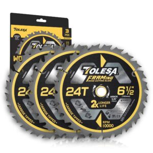 tolesa 6 1/2 circular saw blade 24 teeth with 5/8" arbor, atb carbide teeth, wood cutting framing saw blades for miter saw & table saw, super thin kerf for cutting wood, plywood, mdf, osb (3 pack)