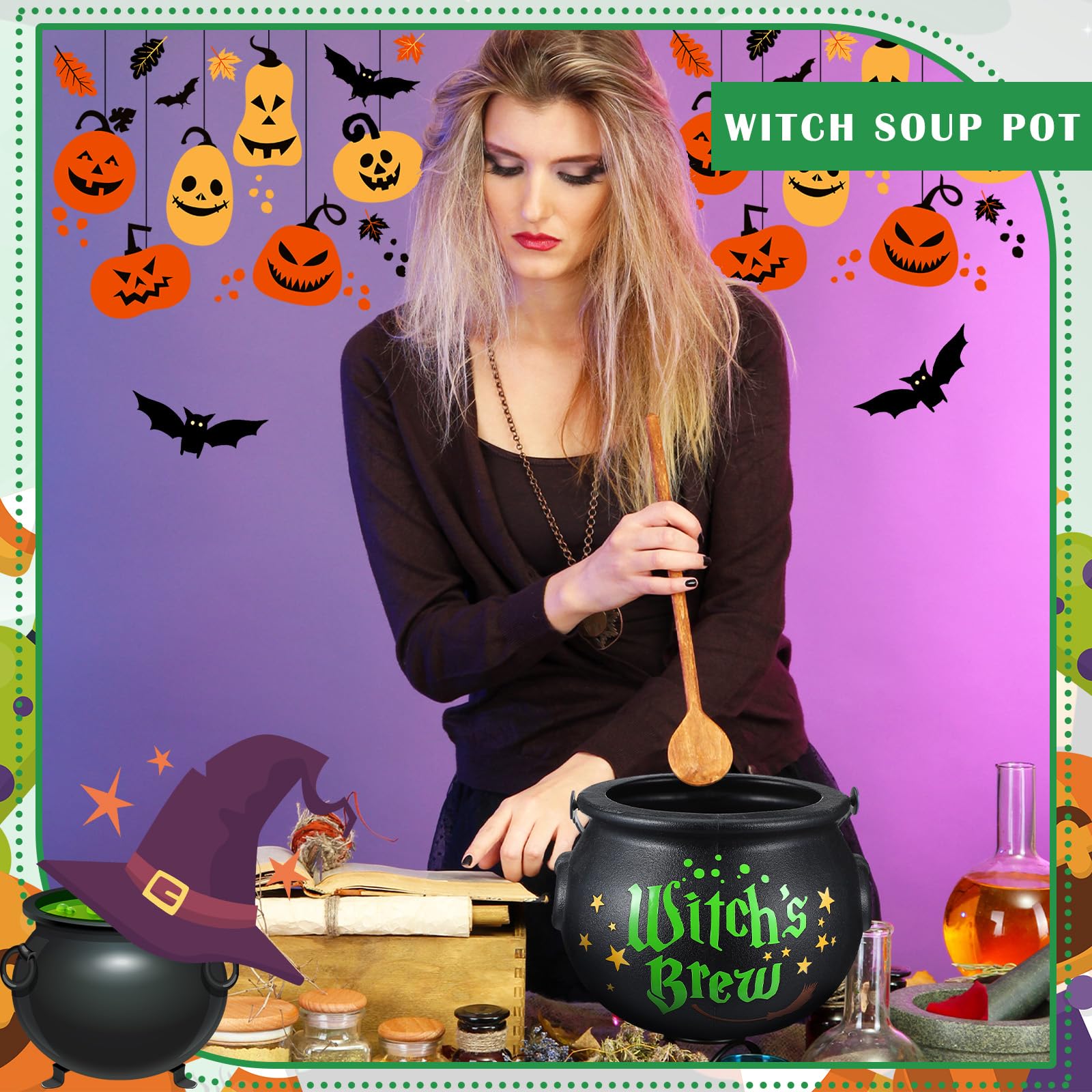 Hollowfly 8 x 6 Inch Halloween Cauldron Candy Bowl Witch Cauldron Kettle Black Cauldron Pot with Handle Plastic Cauldron with 2 Pcs Stickers Witch Candy Bucket for Halloween Party(Witch's Brew)