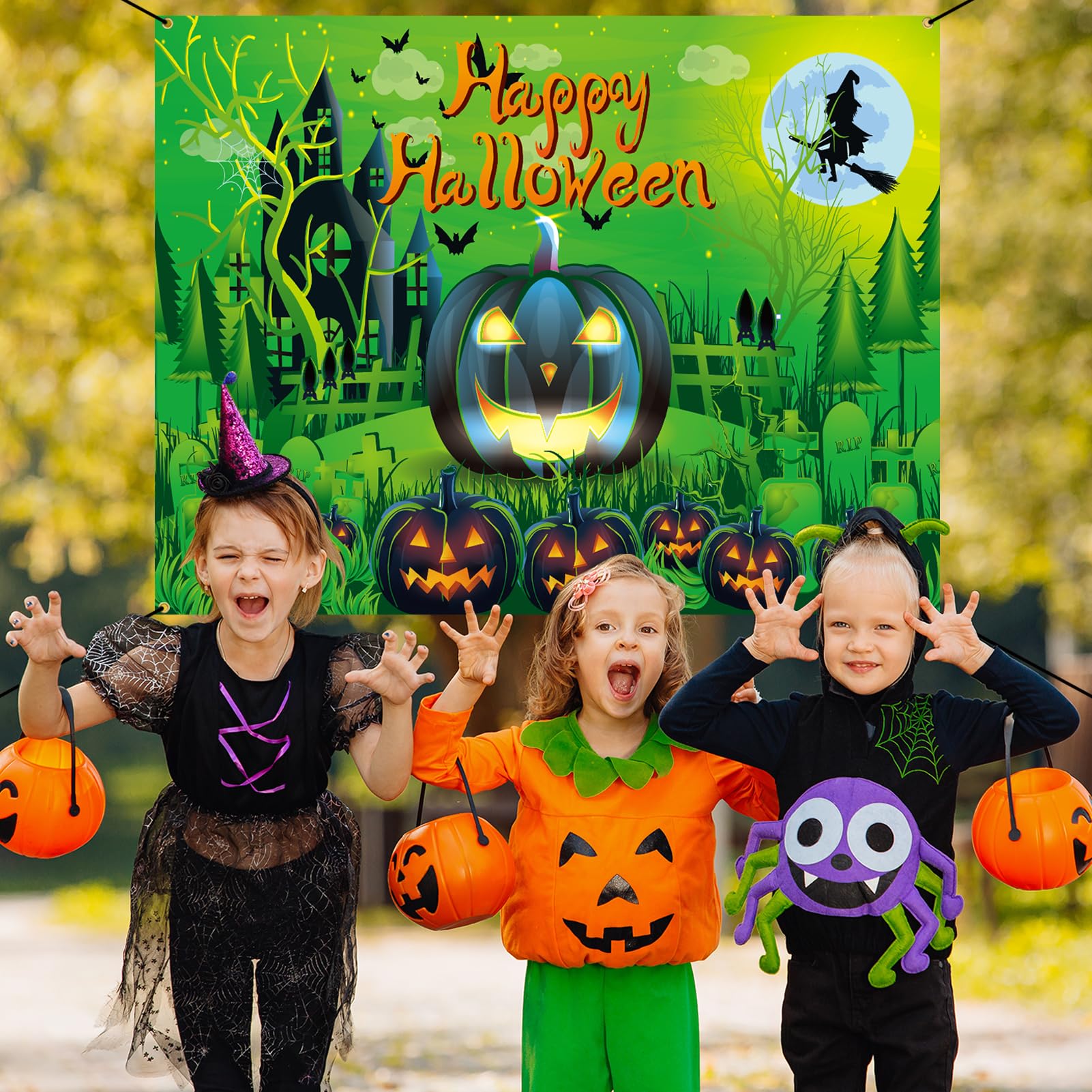 Vlipoeasn Halloween Trunk or Treat Car Decorations, Halloween Cute Scary Monsters PVC Stickers, Happy Halloween Pumpkin Banner, Balloons, Green Halloween Decor for Car Garage Door Entryway Archway