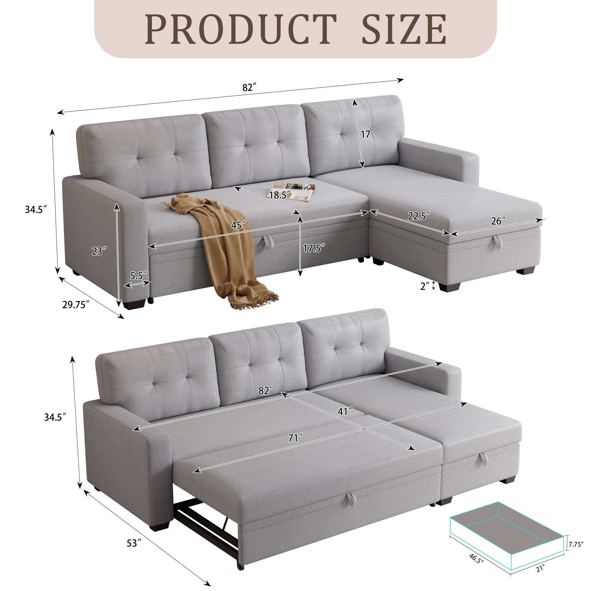 Acosure 82" Sectional Sleeper Sofa with Storage Chaise & Pull-Out Bed,L-Shape Convertible 3 Seater Couch W/Tufted Backrest,Reversible Sleeper for Living Room Apartment Office,Light Gray