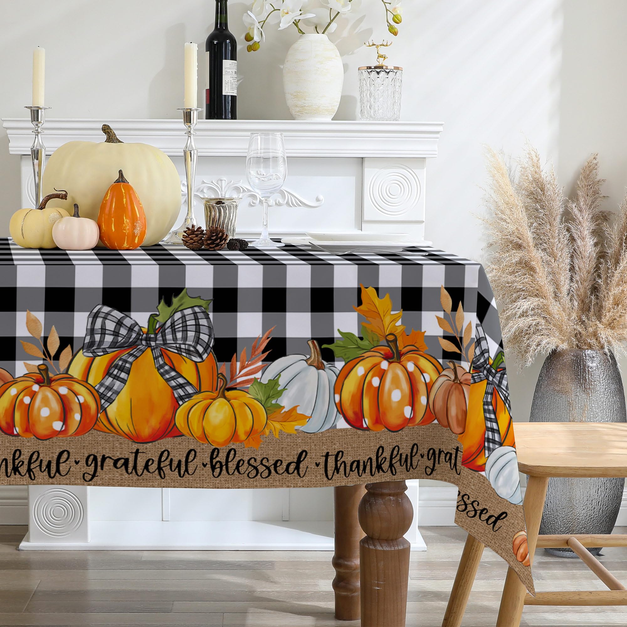 cusugbaso Thanksgiving Tablecloth 60x84 Inch Rectangle - Black Plaid Pumpkins Fall Decorations for Home - Water Resistant Harvest Fall Table Cloth Rectangle for Party, Dinning, Home