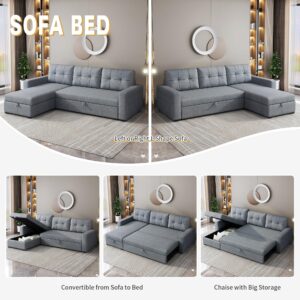 Acosure 81.5" Sectional Sofa with Storage Chaise & Pull-Out Bed,L-Shape Convertible Corner Couch W/ 3 Back Cushions,Upholstered Sleeper for Apartment Dorm Living Room,Light Grey