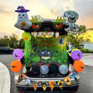 vlipoeasn halloween trunk or treat car decorations, halloween cute scary monsters pvc stickers, happy halloween pumpkin banner, balloons, green halloween decor for car garage door entryway archway