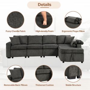 Modern L-Shape Sectional Couch with Storage Chaise,Cup Holder and USB Ports, Reversible Sleeper Sofa for Living Room Black