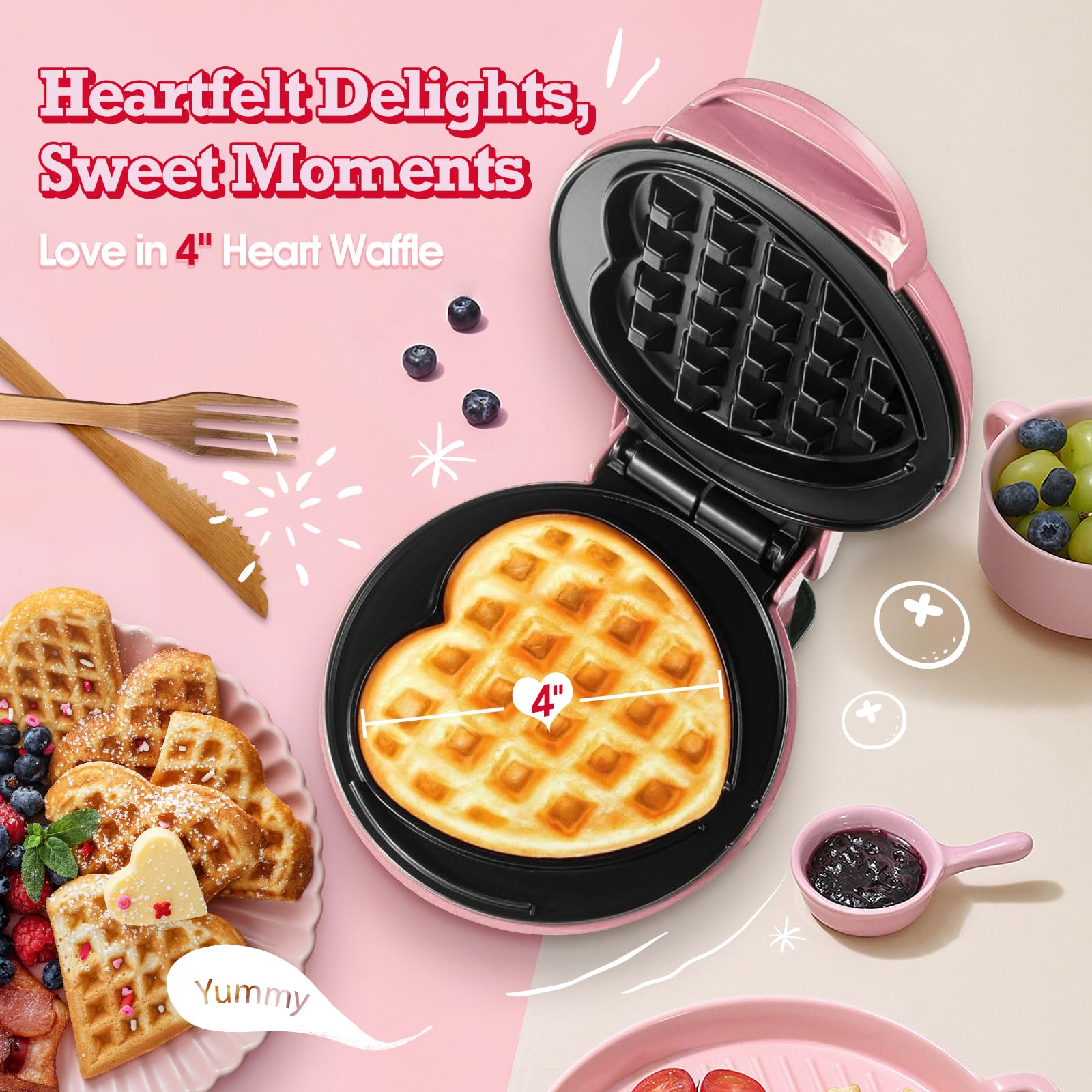 GVAKMM Mini Waffle Maker(Heart),Small Waffle Maker Keto,Mini Wafflera Iron for Kids Family and Individuals,4'' Non Stick Cooking Plates with Fast & Even Heating(Pink)