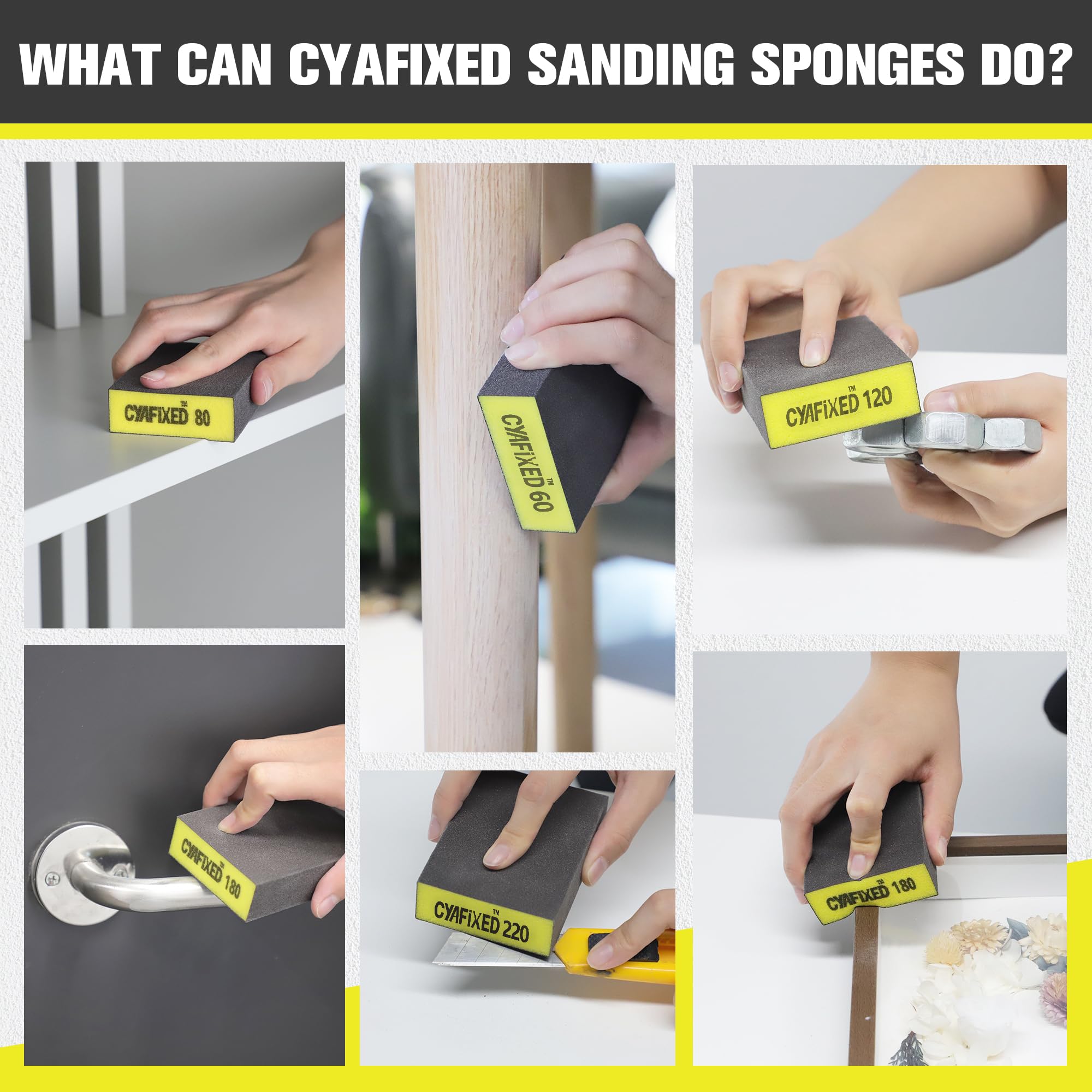 CYAFIXED Sanding Sponge, 60 80 120 220 Coarse Medium Fine Grit Sanding Block, Washable & Reusable Sandpaper Block for Pot Brush Pan Brush Sponge Brush Glasses Sanding Wood Sanding Metal Sanding 6 Pcs