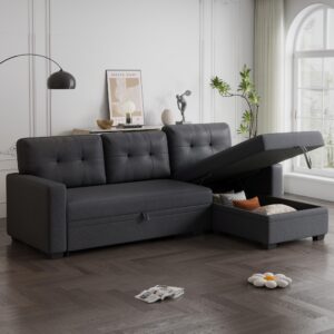 acosure 82" sectional sleeper sofa with storage chaise & pull-out bed,l-shape convertible 3 seater couch w/tufted backrest,reversible sleeper for living room apartment office,dark gray