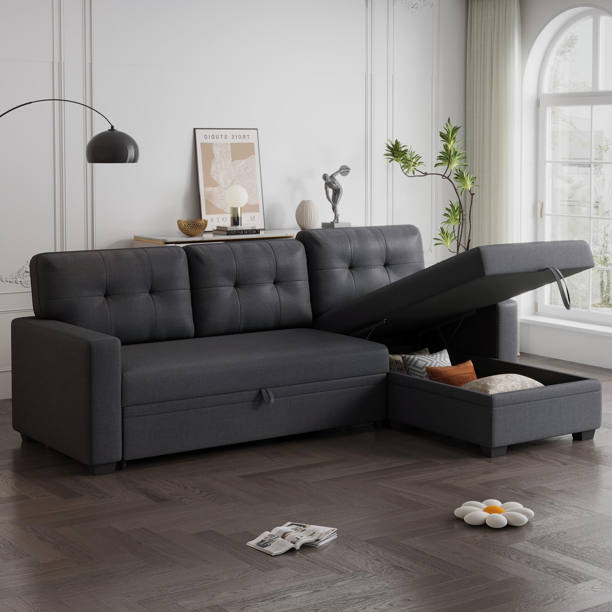 Acosure 82" Sectional Sleeper Sofa with Storage Chaise & Pull-Out Bed,L-Shape Convertible 3 Seater Couch W/Tufted Backrest,Reversible Sleeper for Living Room Apartment Office,Dark Gray