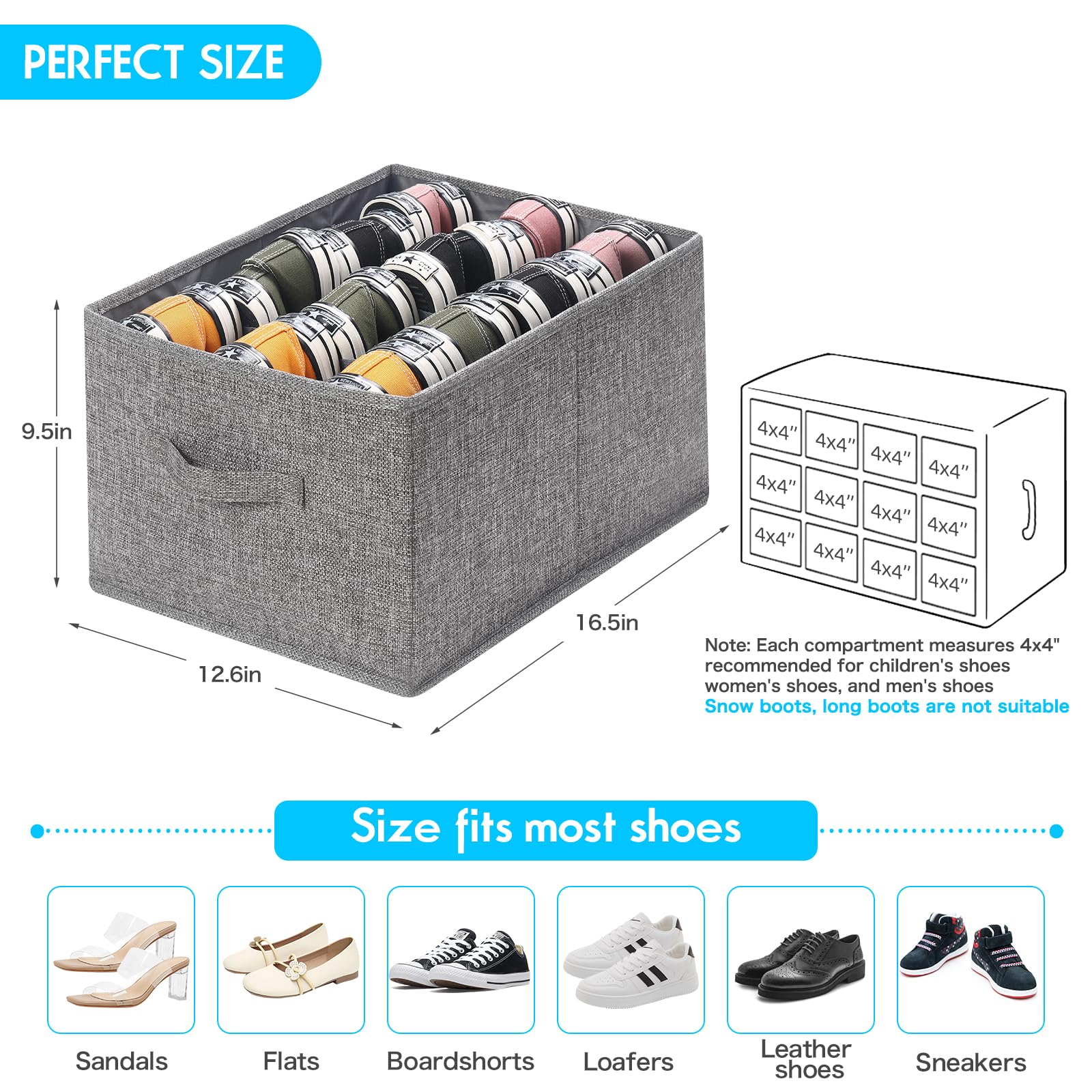 YWPXSN 2 Pack Shoe Organizer for Closet - Fits up to 24 Pairs, Fabric Shoe Storage Bins, Cube Storage Cabinet Foldable Shoes Container with Reinforced Handles (Dark Grey, 16.5"x12.6"x9.5")