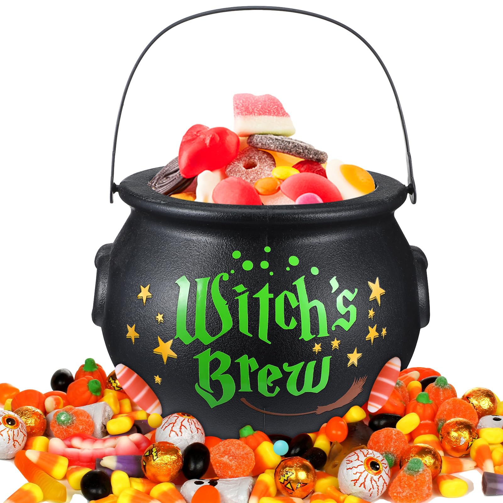 Hollowfly 8 x 6 Inch Halloween Cauldron Candy Bowl Witch Cauldron Kettle Black Cauldron Pot with Handle Plastic Cauldron with 2 Pcs Stickers Witch Candy Bucket for Halloween Party(Witch's Brew)