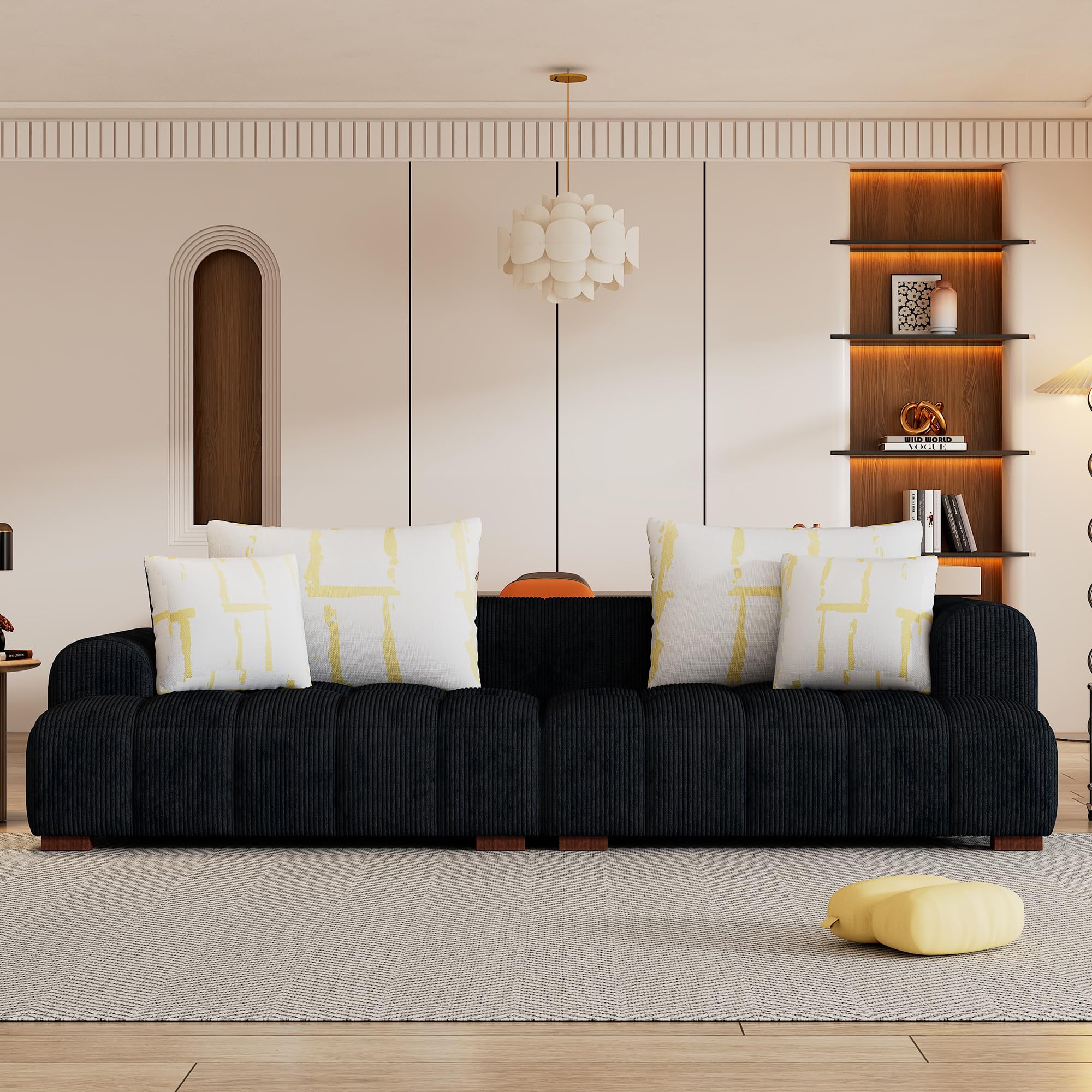 Modern Living Room Sofa Cozy Bedroom Couch 4 Pillows & Rubber Wood Legs Black