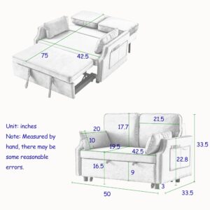 Sleeper Sofa Bed 3-in-1 Futon 2-Seater Loveseat with Nailhead Design and Side Storage Pockets,Soft Pillows,Multipurpose Velvet Sleeper Sofa Bed,Gray