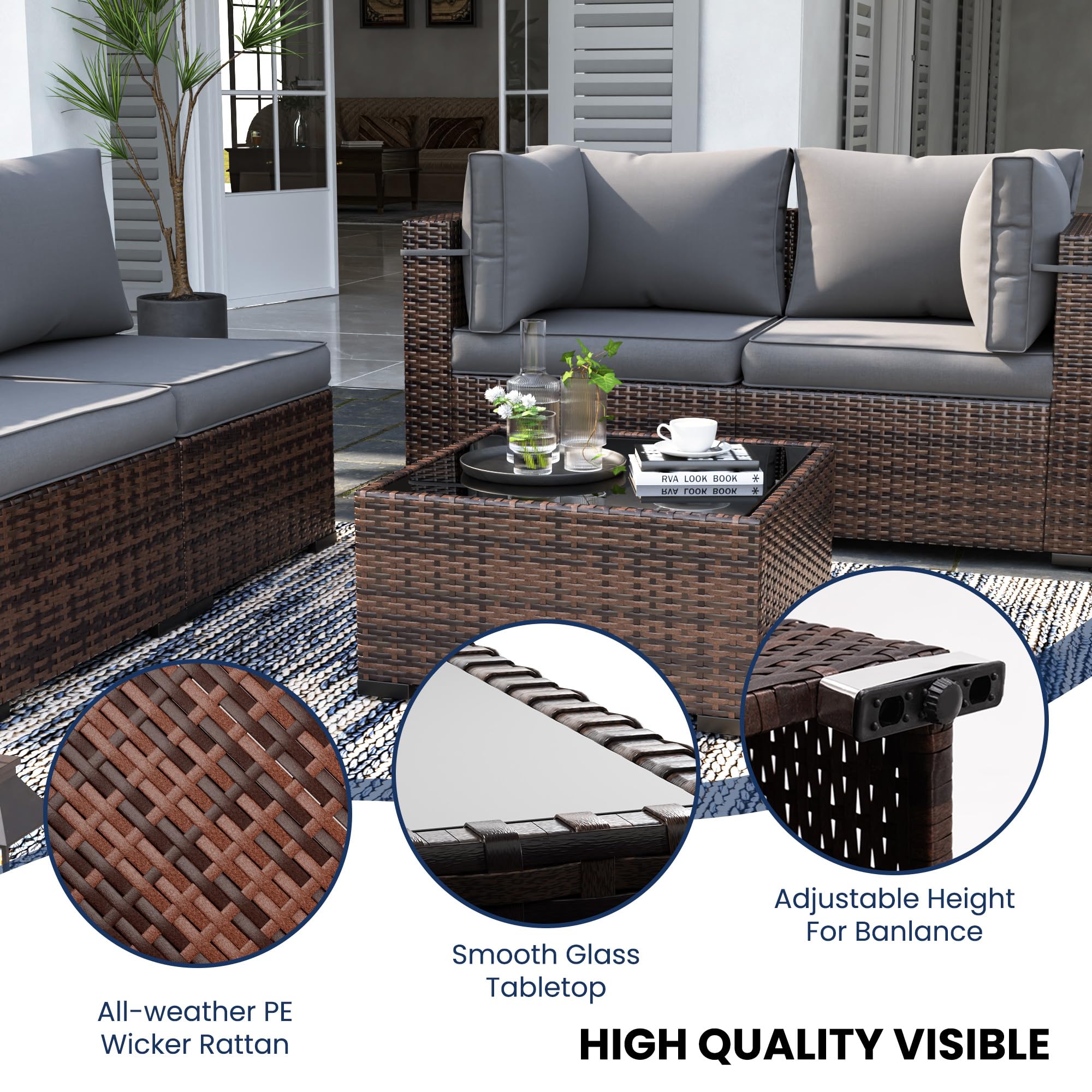 UDPATIO Patio Furniture Sets, Modular Rattan Outdoor Patio Sectional Furniture Sofa Set, Wicker Patio Conversation Set for Backyard, Deck, Poolside, 2PC Brown/Grey