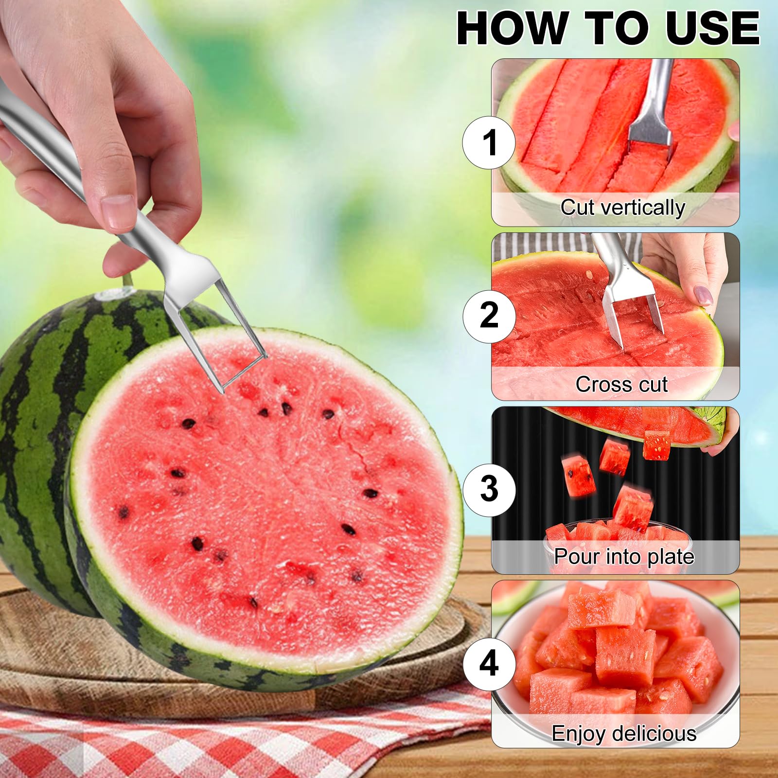 2-in-1 Stainless Steel Fruit Cutter,2024 New Watermelon Fork Slicer Cutter Slicer Tool,Dual Head Fruit Knife, Summer Fruit Forks Slicer Knife for Family Parties Camping Party (3 PCS)