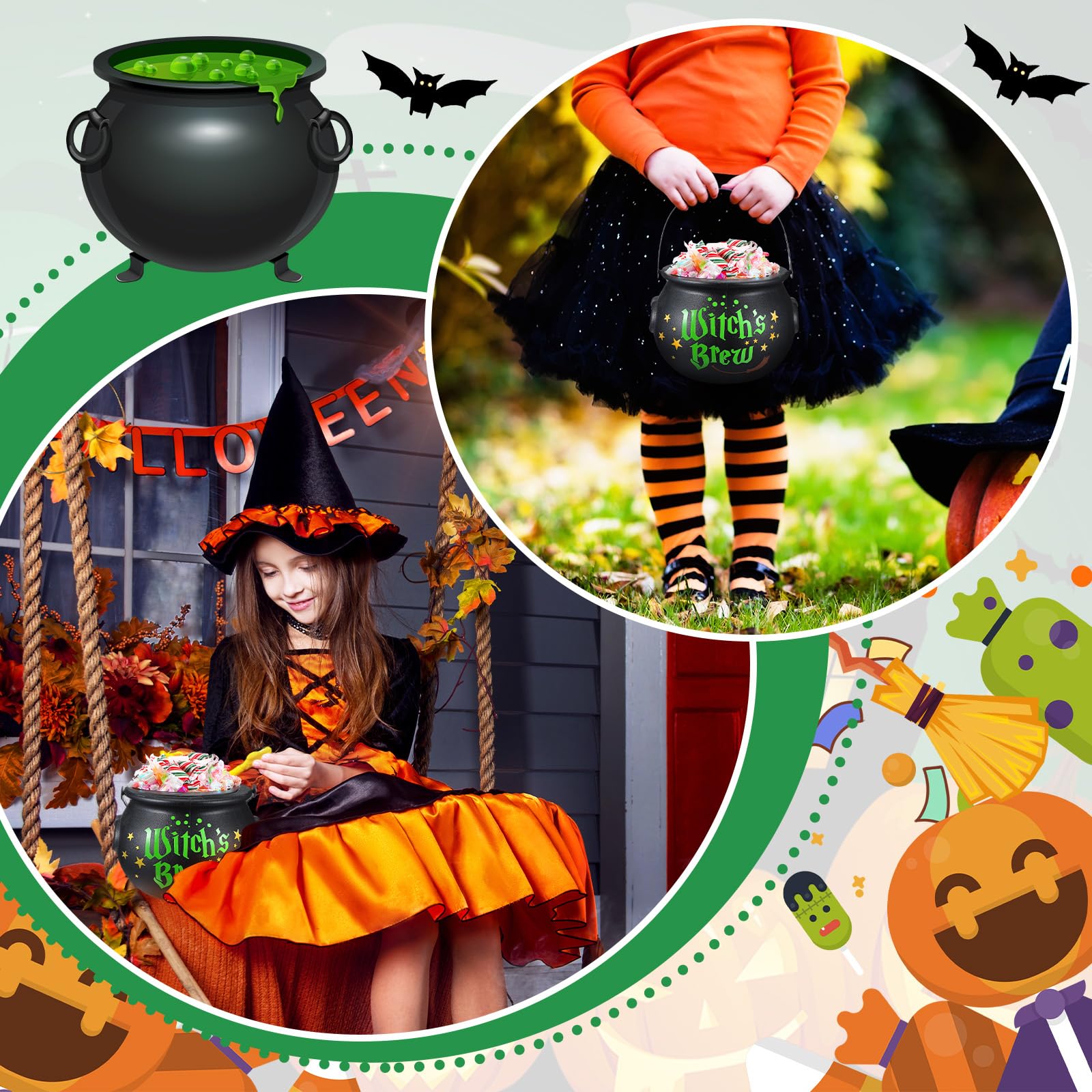 Hollowfly 8 x 6 Inch Halloween Cauldron Candy Bowl Witch Cauldron Kettle Black Cauldron Pot with Handle Plastic Cauldron with 2 Pcs Stickers Witch Candy Bucket for Halloween Party(Witch's Brew)