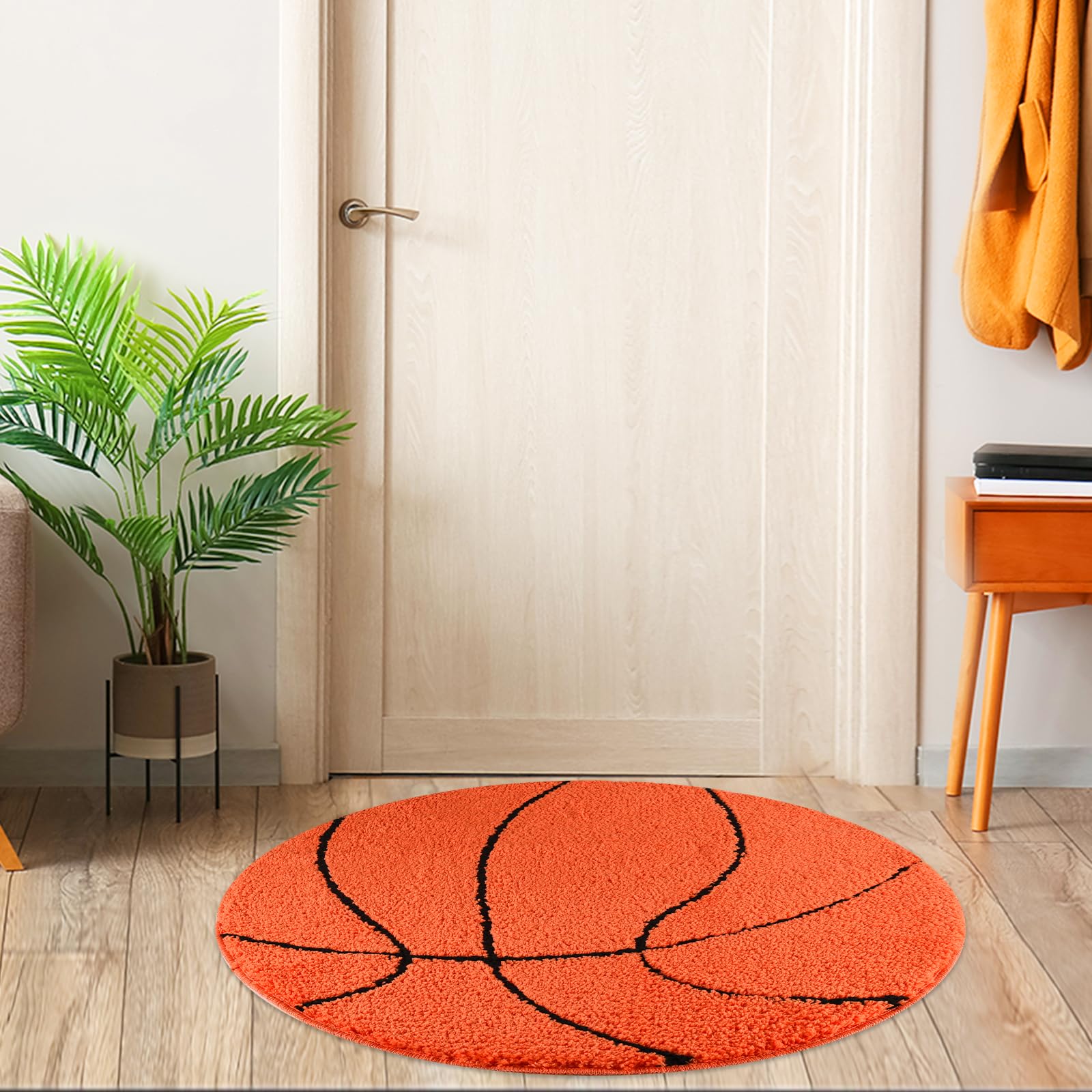 MSYA Basketball Rug, Soft and Fluffy Basketball Rug for Boys Bedroom Microfabric Round Bathroom Rug, Round Area Rug for Living Bathroom Rugs Soccer Decor for Boys Room 31.5 inches (Orange)