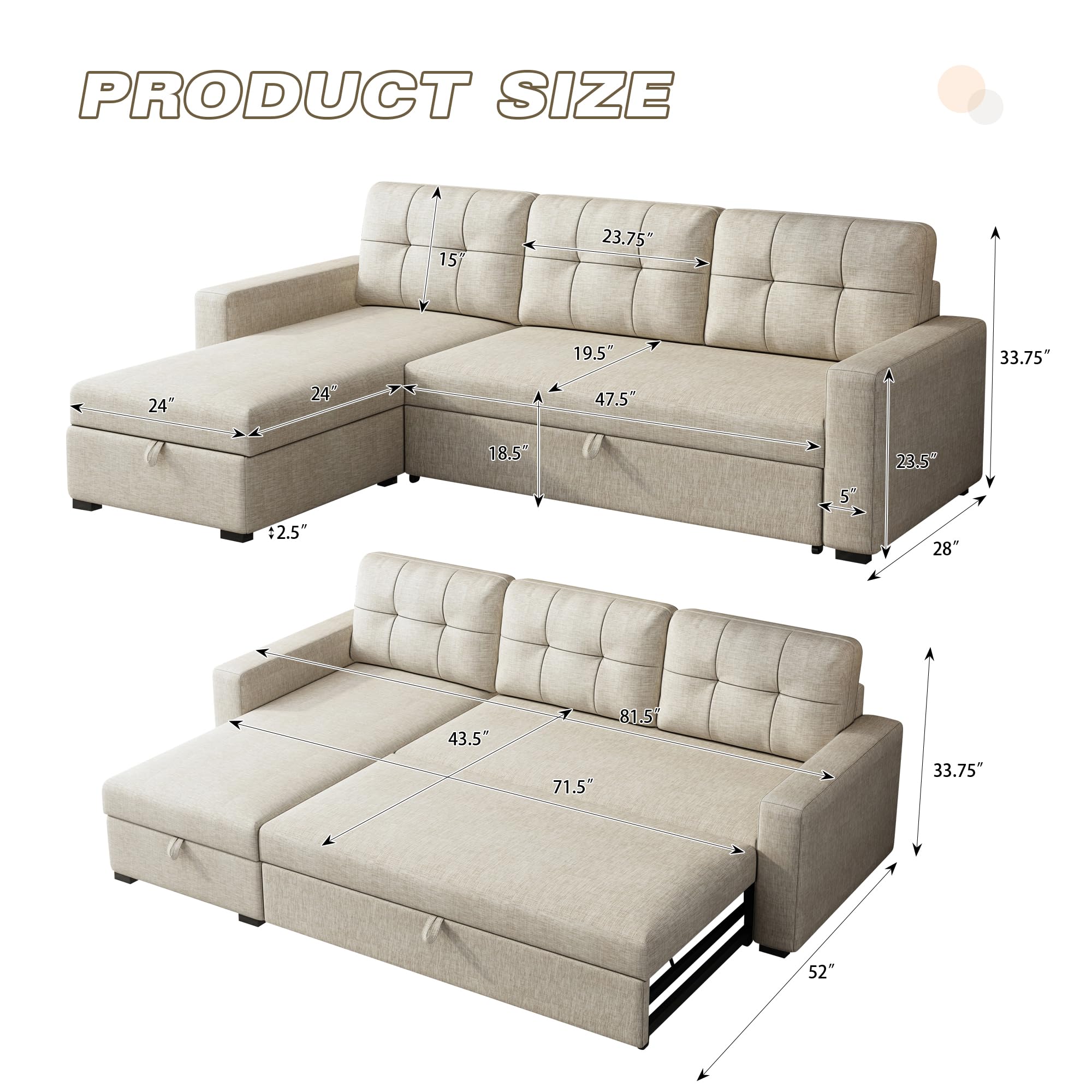 Acosure L-Shape Upholstered Sectional Sofa with Storage Chaise & Pull,Convertible Couch W/ 3 Back Cushions,Reversible Sleeper for Living Room Office Apartment,Beige