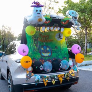 Vlipoeasn Halloween Trunk or Treat Car Decorations, Halloween Cute Scary Monsters PVC Stickers, Happy Halloween Pumpkin Banner, Balloons, Green Halloween Decor for Car Garage Door Entryway Archway