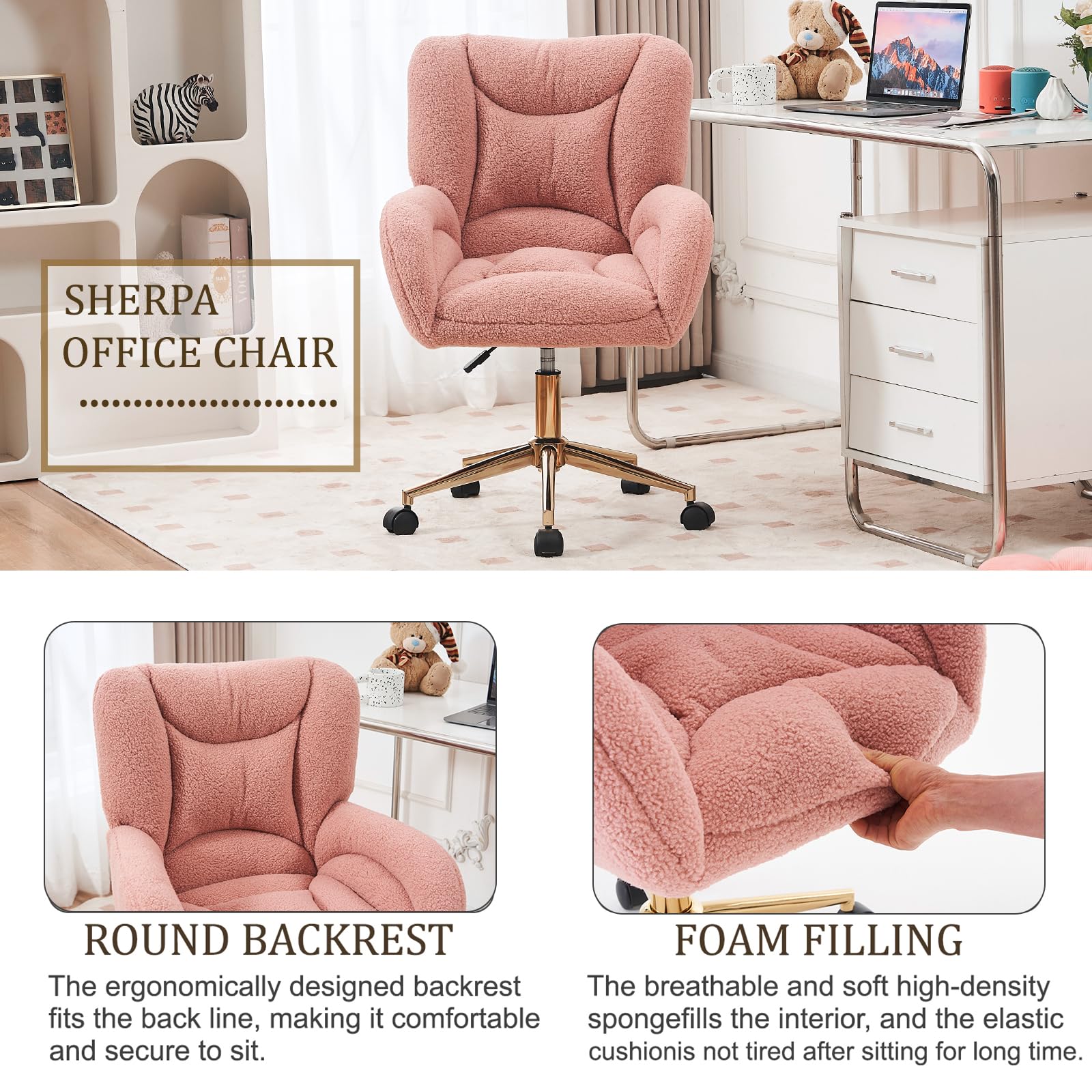 Anewome Swivel Office Desk Chair with Wheels Upholstered Sherpa Desk Modern Armchair Height Adjustable Computer Task Chair Boucle Makeup Vanity Desk with Gold Metal Frame, 38.2" H Pink