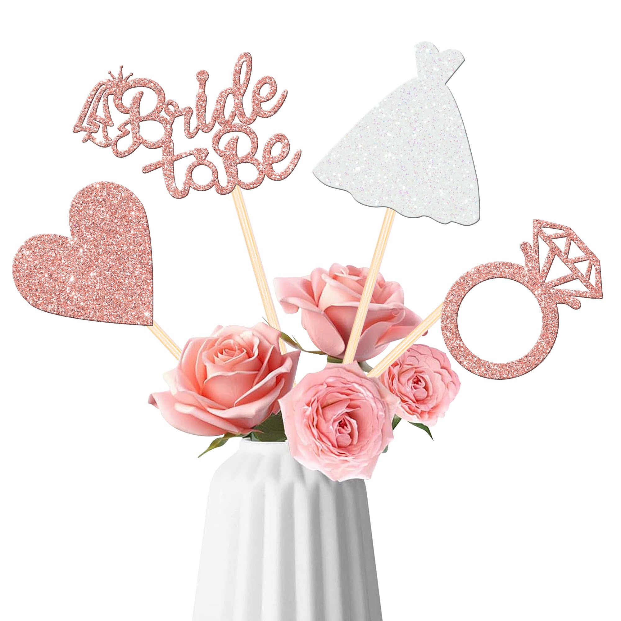 12 PCS Bride to Be Centerpiece Sticks Double Sided Glitter Heart Ring Dress Bridal Shower Table Flower Centerpieces for Wedding Engagement Bachelorette Party Flower Decorations Supplies Rose Gold