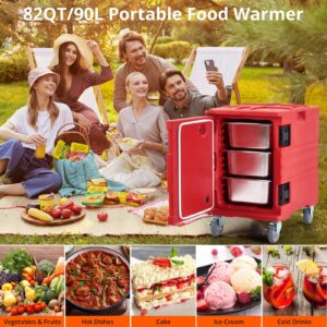 Portable Food Warmer 82Qt-Hot Box, Lldpe Food Box Carrier Double, End Loader Wheels, Easy Transport, Good Insulation, Strong Sealing, Durable, Ideal for Family Gathering, Canteen, Restaurant, Red