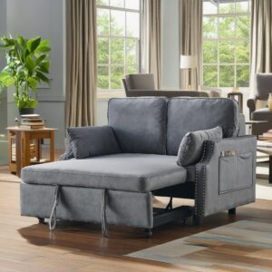 Sleeper Sofa Bed 3-in-1 Futon 2-Seater Loveseat with Nailhead Design and Side Storage Pockets,Soft Pillows,Multipurpose Velvet Sleeper Sofa Bed,Gray