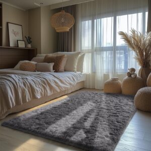 Zentavio Grey Area Rug for Living Room Bedroom 4x6 Soft Fluffy Fuzzy Furry Shaggy Aesthetic Carpet Plush High Pile Floor Throw Rug for Nursery Kids Room Dorm Room