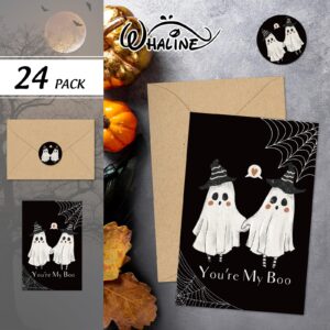 Whaline 24 Pack Halloween Greeting Cards with Envelopes Stickers Ghost You're My Boo Funny Cards Blank Thank You Note Cards for Birthday Anniversary Valentine's Day