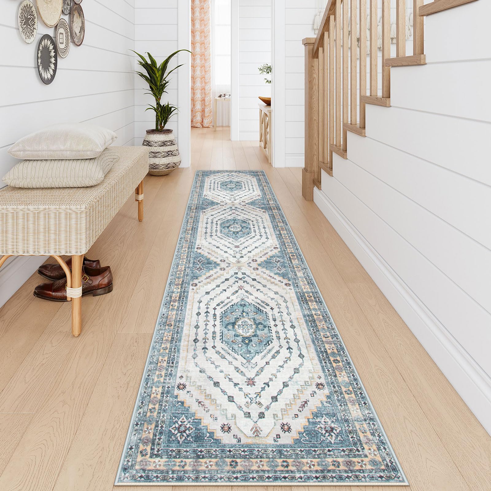 Sivilife Boho Hallway Runner Rug Washable Runner Rugs for Hallway, 2'6''X10' Extra Long Kitchen Rugs Non Slip, Blue Runner Rugs with Rubber Backing, Tribal Carpet Runner Rugs for Entryway Corridor