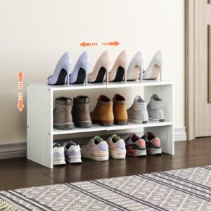 2-tier small shoe rack organizer for closet, expandable and adjustable white shoe rack, stackable iron wood combination shoe shelves for closets, entryway, small space, hallway, garage