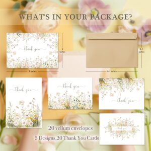 Floral Thank You Cards With Envelopes,20Pack - 4x6 Thank You Cards Set,Perfect Thank You Cards Bulk For All Occasions,incl. Baby Shower, Wedding, Birthday Party, Greeting (Olive green wildflowers)