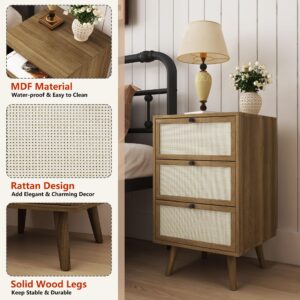 PHOYAL Rattan Nightstand Set of 2, End Table Rattan Bedside Table with Storage 3-Drawer Side Table with 3 Hand Made Rattan Decorated Drawers Wood Accent Table, Walnut 2 Pack