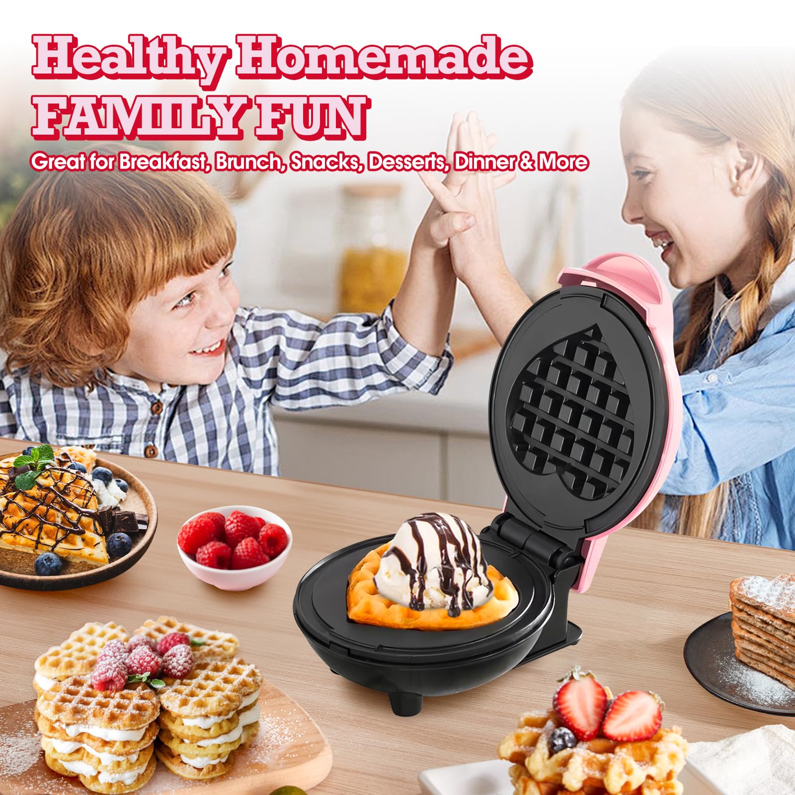 GVAKMM Mini Waffle Maker(Heart),Small Waffle Maker Keto,Mini Wafflera Iron for Kids Family and Individuals,4'' Non Stick Cooking Plates with Fast & Even Heating(Pink)